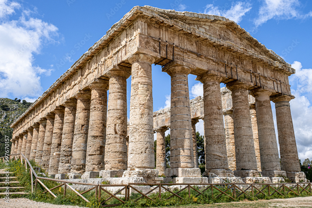 View of the well-preserved Doric Temple of Segesta, located outside the site of the ancient city of Segesta, Province of Trapani, Sicily, Italy 