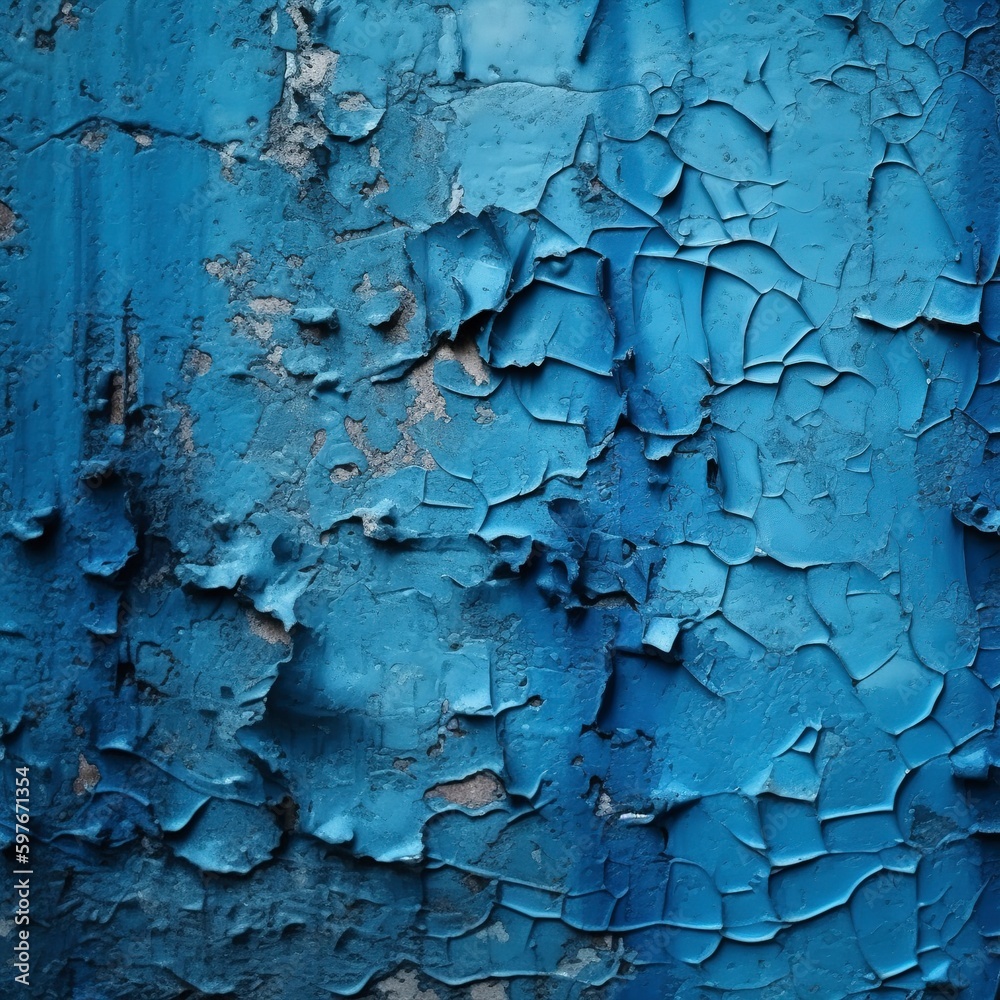 The wall paint is flaking blue. An ancient concrete wall with peeling, fractured paint. rough, weathered paint surface with peeling and cracking patterns.