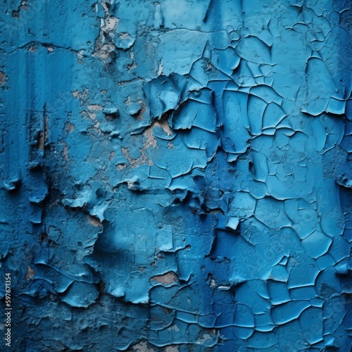 The wall paint is flaking blue. An ancient concrete wall with peeling, fractured paint. rough, weathered paint surface with peeling and cracking patterns.