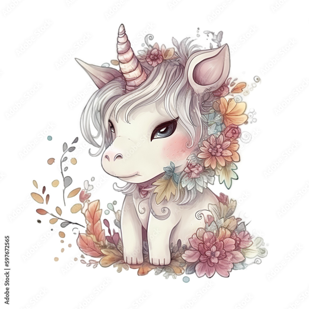 Cue Boho Unicorn on white background, Illustration AI