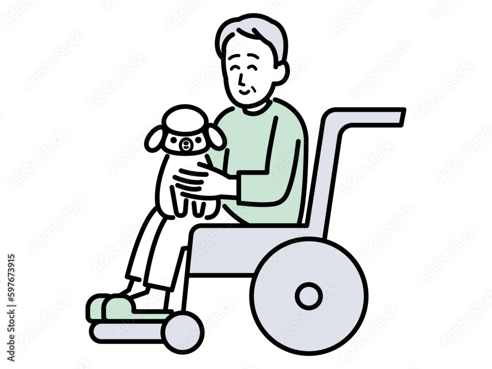 車椅子に乗る年配男性とセラピー犬のイラスト 車椅子に乗る年配男性とセラピー犬のイラスト