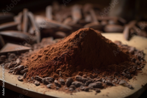 food powder brown cocoa ingredient chocolate dark sweet bean dessert. Generative AI.