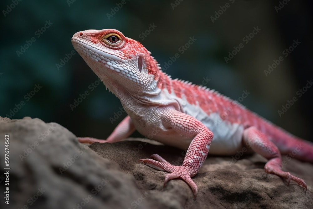 Fototapeta premium Iguana on the side beside a tree trunk in a park, with a hazy background.