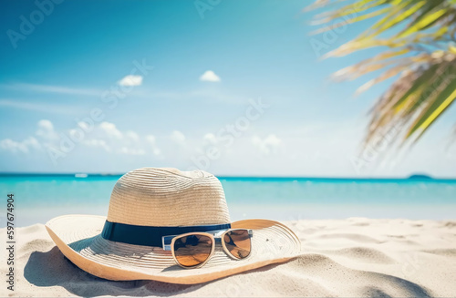 ビーチ、帽子、サングラス、 beach, hat, sunglasses. Generative AI