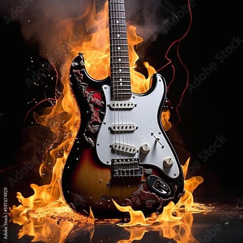 electric guitar in fire on black background.