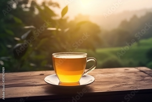  Generative AIGenerative AI.A cup of tea and a natural green leaf on the background of tea plantations. Health drink green tea in a glass cup. Tea tasting