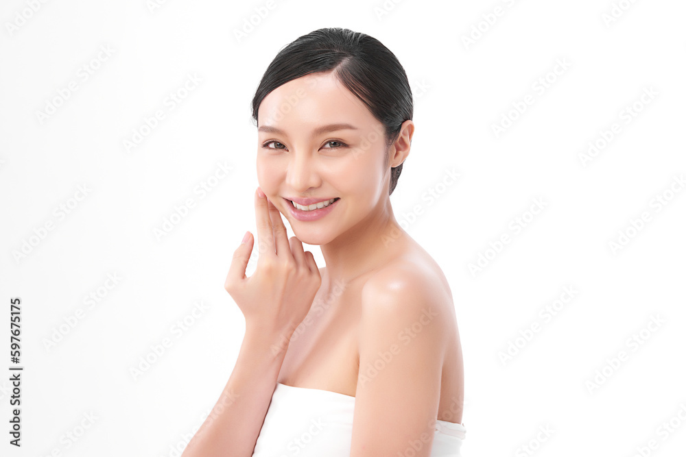 Beautiful young asian woman with clean fresh skin on white background, Face care, Facial treatment, Cosmetology, beauty and spa, Asian women portrait.