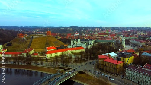 Aerial Backward view of Vilnius old town and the Gedimino´s tower in Lithuania photo