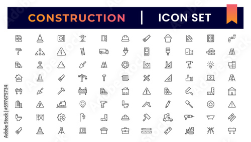 Construction line icons set. Home repair tools outline icons collection. Construction tools, builders and equipment symbols. Builder, crane, engineering, equipment, helmet, tool, house - stock vector.