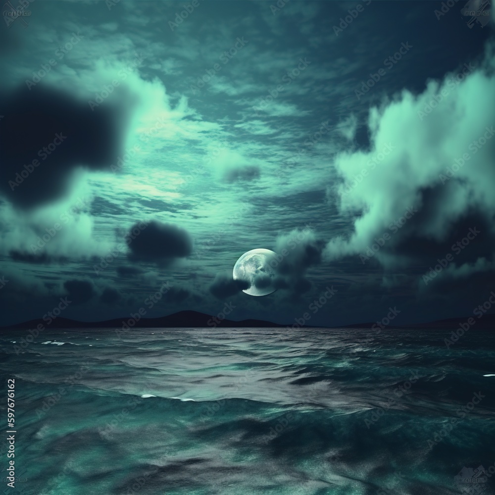 Fototapeta premium Full moon at night under clouds above the sea.