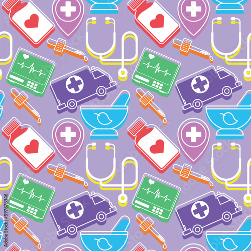 medical pattern with flat color elements of bottle, mortar and pestle, monitor, ambulance, medical sign, stethoscope