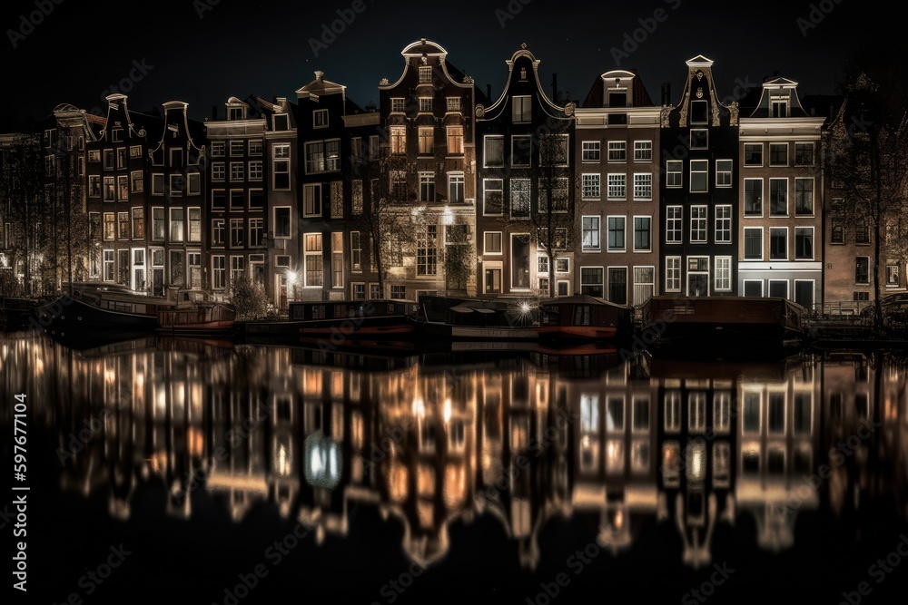 The Amsterdam Canal Houses at night, Close up, Windows, Stunning Scenic Landscape Wallpaper, Generative AI