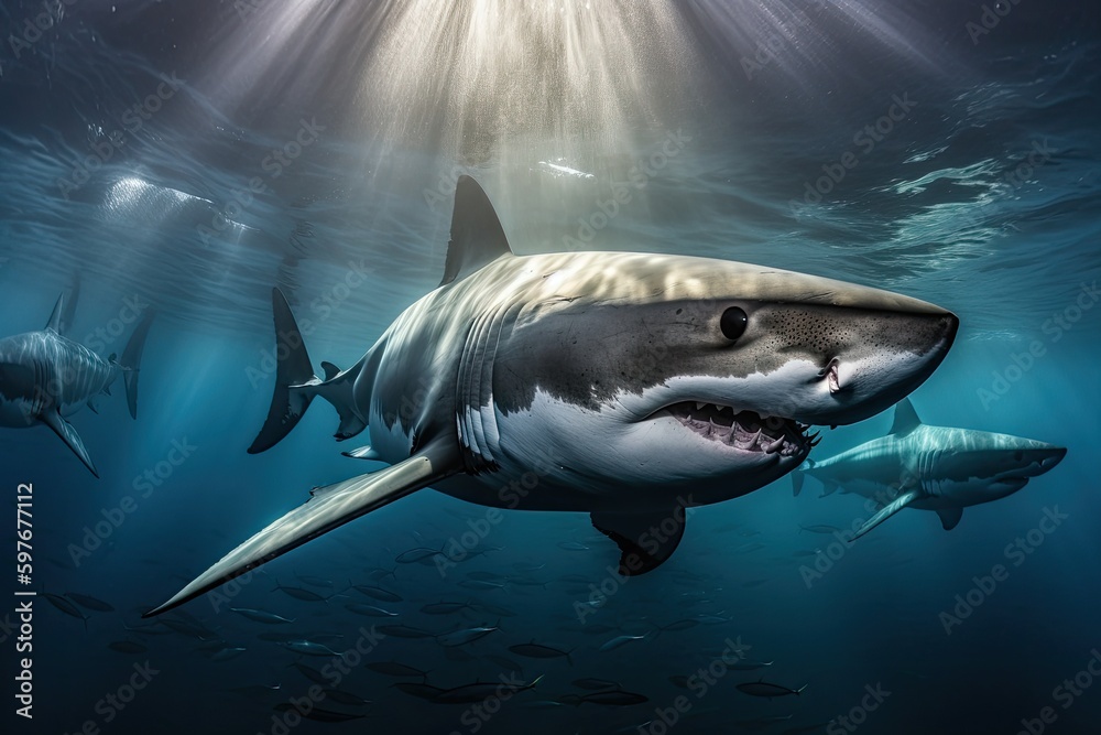 Fototapeta premium Shark Underwater Ocean View by a Scuba Diver Snorkeling, Tourism Travel, Stunning Scenic Seascape Wallpaper, Generative AI 