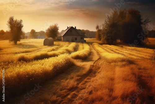 Autumn Wheat Harvest and Sunrise Over Ukrainian Farm House, Stunning Scenic Landscape Wallpaper, Generative AI