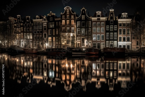 The Amsterdam Canal Houses at night, Close up, Windows, Stunning Scenic Landscape Wallpaper, Generative AI