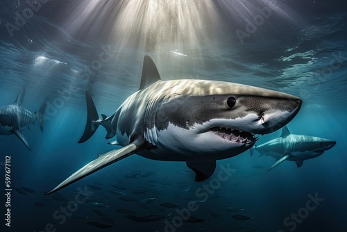 Shark Underwater Ocean View by a Scuba Diver Snorkeling, Tourism Travel, Stunning Scenic Seascape Wallpaper, Generative AI 