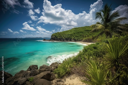 Caribbean Tropical Island Paradise with Sandy Beach, Stunning Travel Scenic Landscape Wallpaper, Generative AI