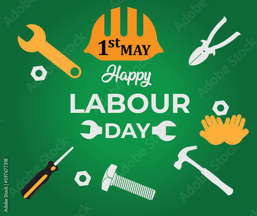 Happy Labor Day On 1 May. tools top view. vector illustration design. photo