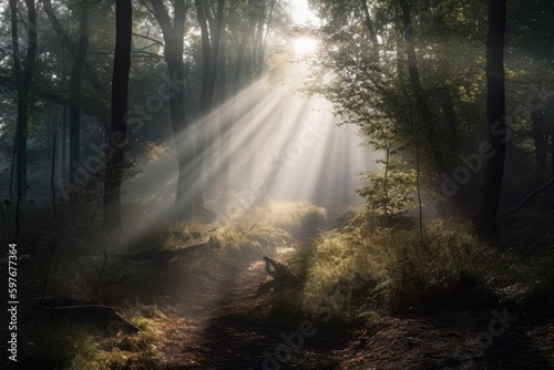 Forest Sunbeams through morning fog and mist in a dutch birch wood forest and trees, Scenic Landscape Wallpaper, Generative AI  © Distinctive Images