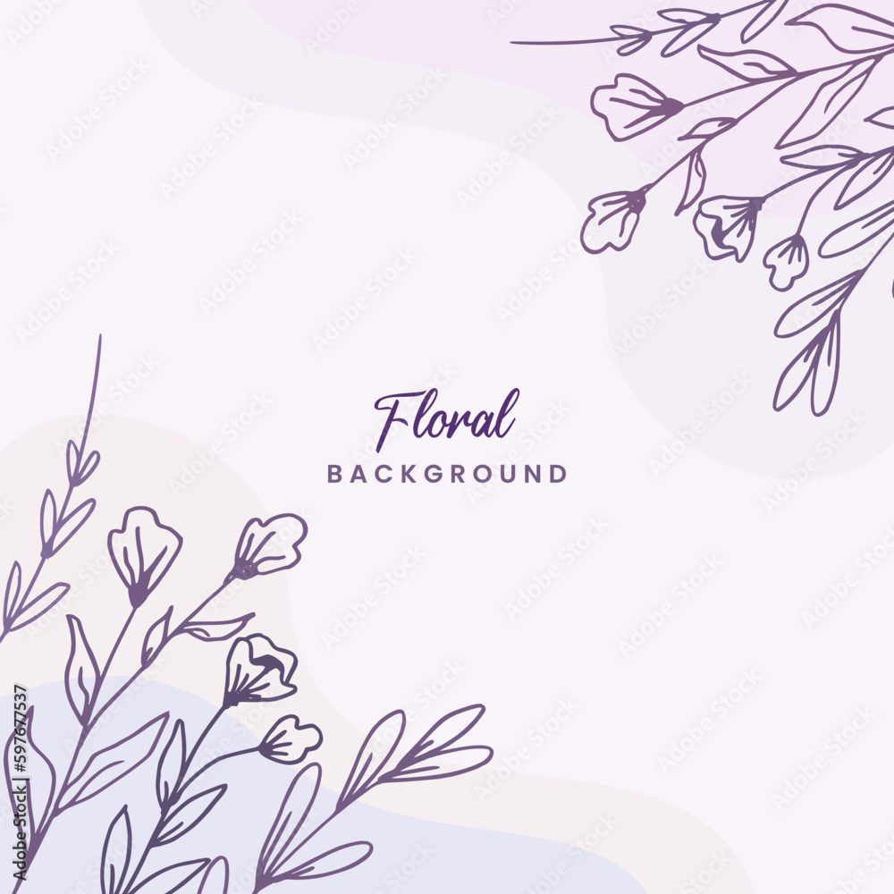 Purple square background with hand drawn leaves and flower border or beautiful purple floral background