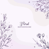 Purple square background with hand drawn leaves and flower border or beautiful purple floral background