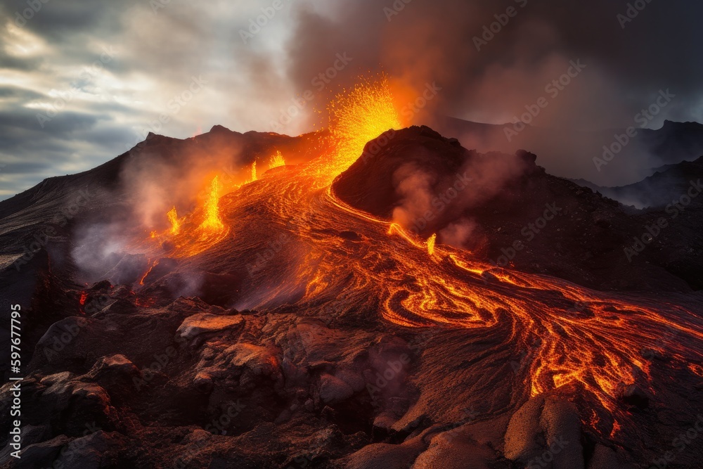 Volcanic Mountain Eruption with Lava, Ash, and Fire Exploding in to the Sky, Stunning Volcano Scenic Landscape Wallpaper, Generative AI
