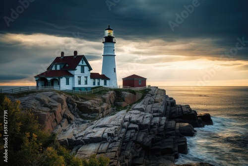 New England Lighthouse at Summer Sunset, Cape Cod Light House on the Atlantic Coast, Stunning Scenic Landscape Wallpaper, Generative AI