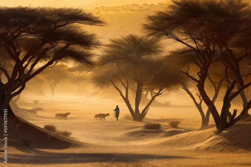 African Shepherd Safari Sunset Landscape, Stunning Scenic Travel Landscape Wallpaper, Generative AI