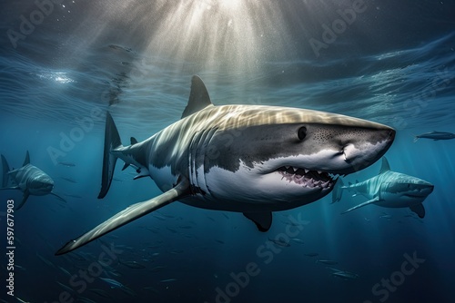 Shark Underwater Ocean View by a Scuba Diver Snorkeling  Tourism Travel  Stunning Scenic Seascape Wallpaper  Generative AI