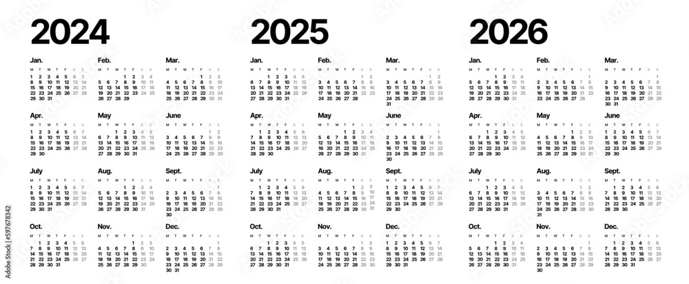 Annual calendar template for 2024, 2025, 2026 years. Week Starts on Monday. Business calendar in 