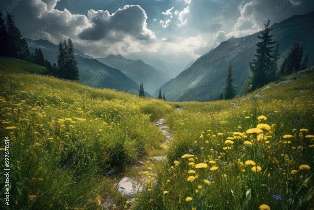 Alpine Wildflower Meadow on a Summer Hiking Path in the Swiss Alps, Stunning Scenic Landscape Wallpaper, Generative AI