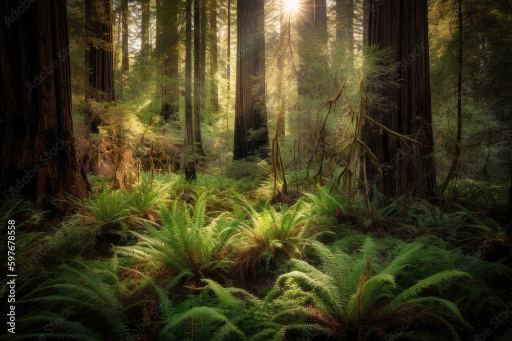 Morning Sunrise at Redwood National Park with Largest Trees , California, Stunning Scenic Landscape Wallpaper, Generative AI
