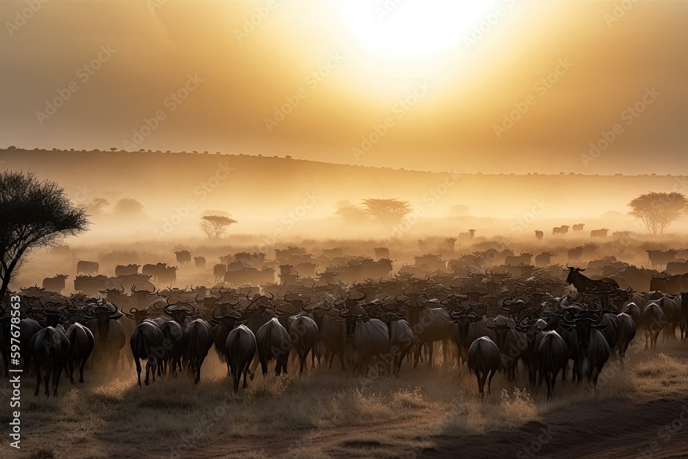 Wildebeest Migration in the Serengeti within Kenya and Tanzania, Scenic Landscape Wallpaper, Generative AI