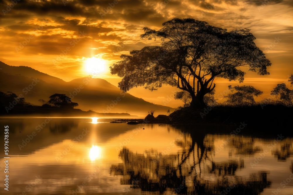 Famous Tree in Lake Wānaka New Zealand, Silhouette with Water at Early Morning Light, Stunning Scenic Landscape Wallpaper, Generative AI