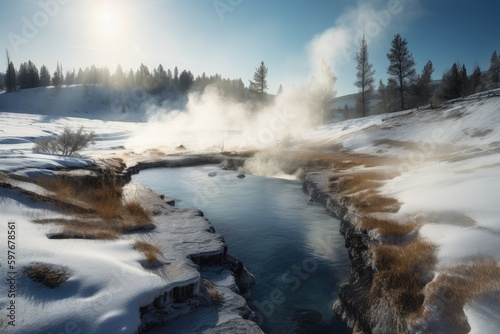 Hot Pots in Yellowstone Wyoming, Stunning Scenic Landscape Wallpaper, Generative AI