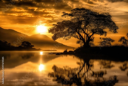 Famous Tree in Lake Wānaka New Zealand, Silhouette with Water at Early Morning Light, Stunning Scenic Landscape Wallpaper, Generative AI