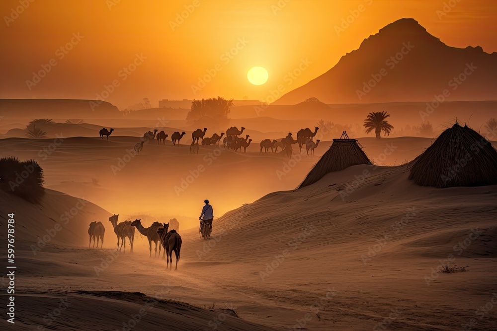 Egyptian Camel Caravan with Shepherds at Sunset Stunning Scenic Landscape Wallpaper, Generative AI Egyptian Camel Caravan with Shepherds at Sunset Stunning Scenic Landscape Wallpaper, Generative AI