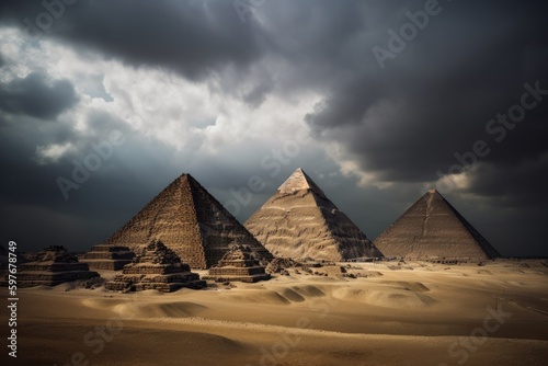 Egyptian Pyramids in Egypt  with ominous clouds  Stunning Scenic Landscape Wallpaper  Generative AI
