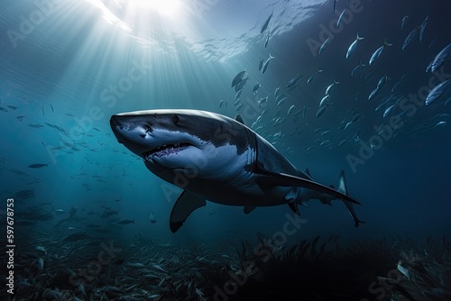 Great White Shark Underwater Ocean View by a Scuba Diver Snorkeling, Tourism Travel, Stunning Scenic Seascape Wallpaper, Generative AI © Distinctive Images