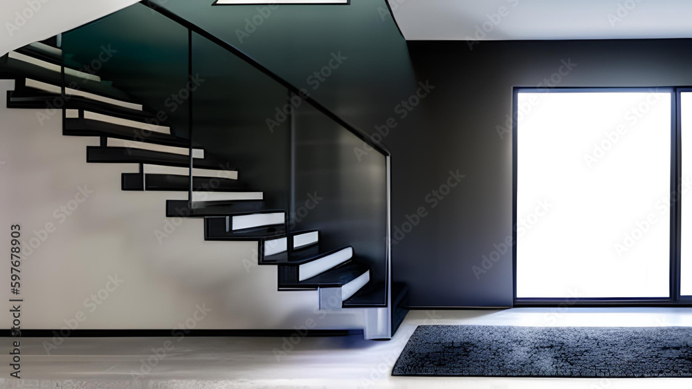 Modern, elegant black stone stair, landing staircase with window, tempered glass panel, stainless steel handrail in polished concrete wall hall, carpet floor. Interior background - AI Generative Modern, elegant black stone stair, landing staircase with window, tempered glass panel, stainless steel handrail in polished concrete wall hall, carpet floor. Interior background - AI Generative