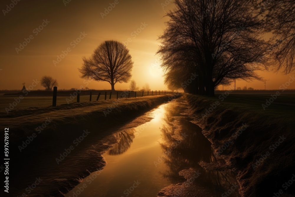 Dutch Holland Canal in the Netherlands, Stunning Scenic Landscape Wallpaper, Generative AI