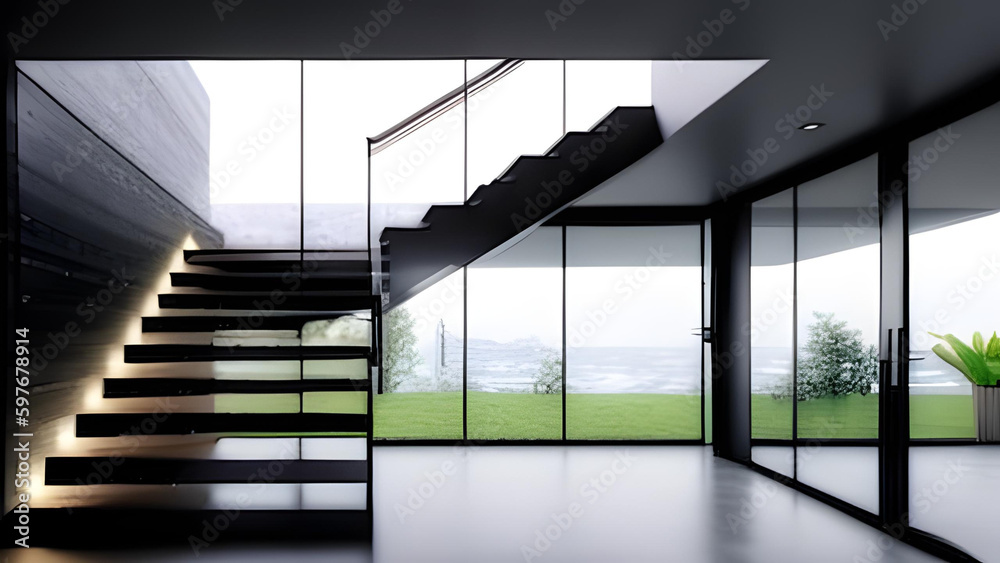 Modern, elegant black stone stair, landing staircase with window ...