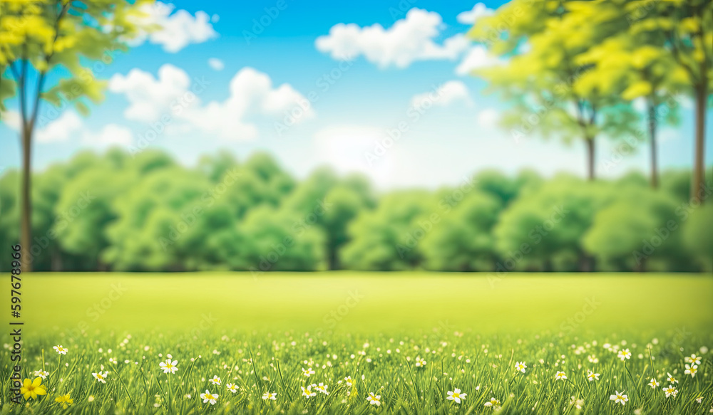 Beautiful blurred spring background nature with blooming glade, trees and blue sky on sunny day. Summer nature with lawn surrounded by trees against ablue sky on bright sunny day. Generative AI