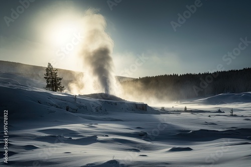 Erupting Geyser in Winter in Yellowstone Wyoming, Stunning Scenic Landscape Wallpaper, Generative AI