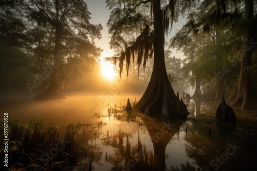 Louisiana Southern Bayou Swamp with Trees at Sunset, Stunning Scenic Landscape Wallpaper, Generative AI photo