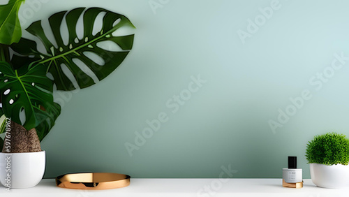 Minimal, modern white stone counter table, tropical monstera plant tree in sunlight on green wall background for luxury fresh organic cosmetic, skin care, beauty treatment product - AI Generative