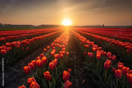 Dutch Holland Tulip Flower Field Festival in the Netherlands, Stunning Scenic Landscape Wallpaper, Generative AI #597678972