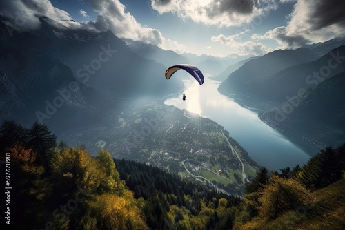 Paragliding above Interlaken in the Swiss Alps in Switzerland, Europe, Stunning Scenic Landscape Wallpaper, Generative AI photo