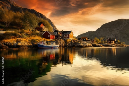 Scandinavian Fjords in Norway and Sweden, House on Water, Stunning Scenic Landscape Wallpaper, Generative AI