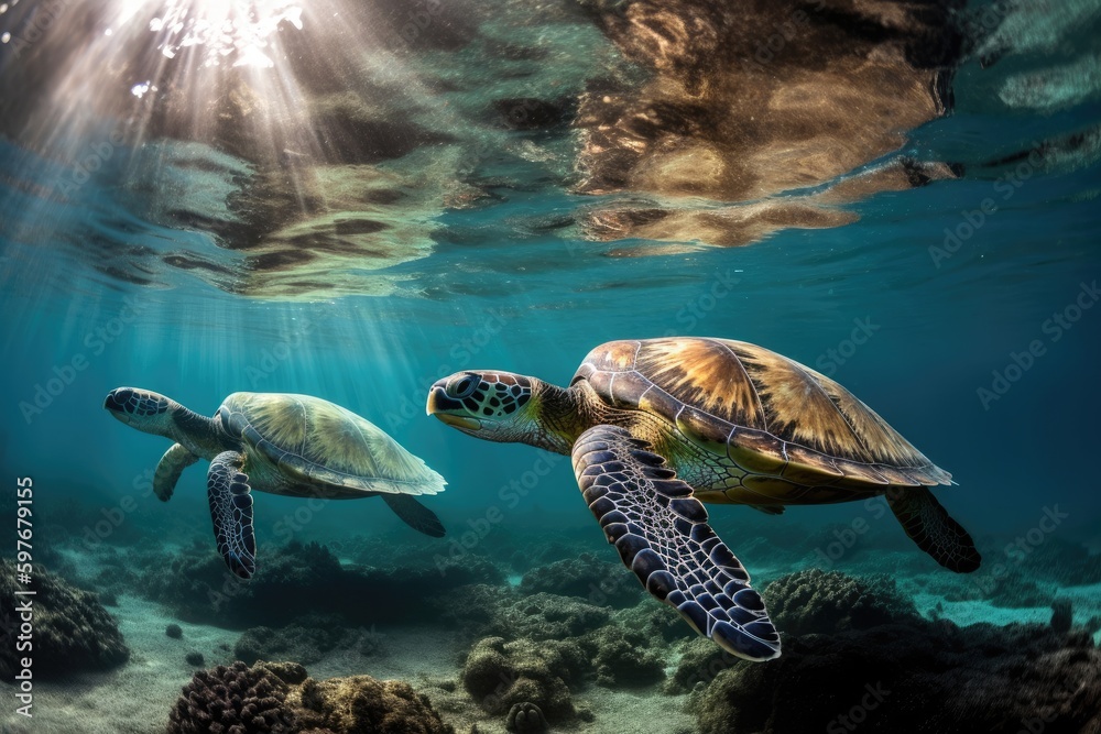 Sea Turtle Underwater Ocean View by a Scuba Diver Snorkeling, Tourism Travel, Stunning Scenic Seascape Wallpaper, Generative AI
